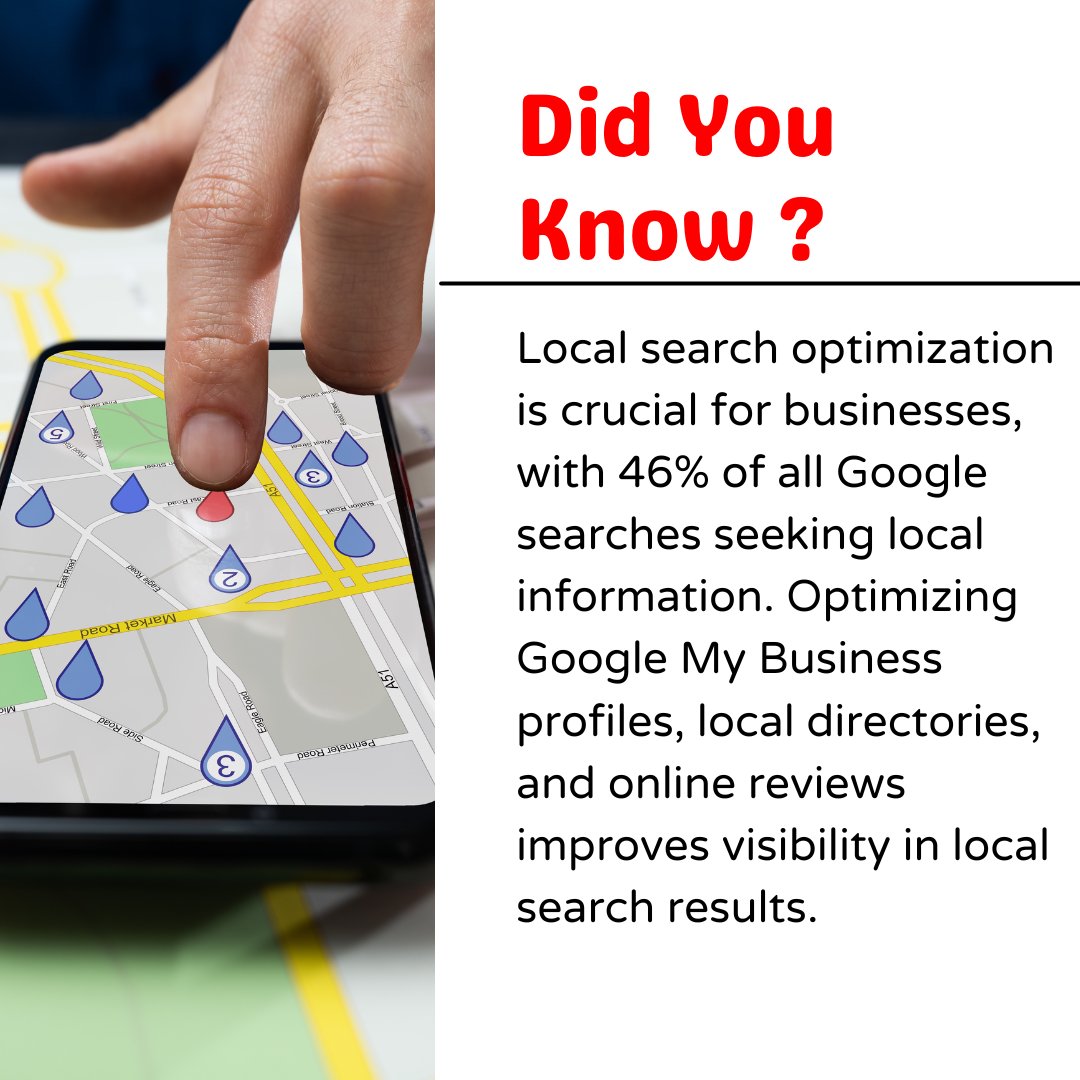 Local search optimization is crucial for businesses, with 46% of all Google searches seeking local information.
#LocalSEO
#LocalSearch
#LocalBusiness
#SmallBusinessSEO
#LocalMarketing
#SEOtips
#GoogleMyBusiness