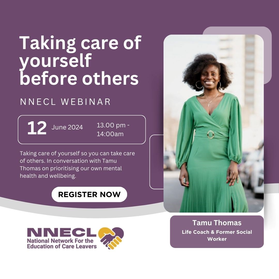 FE, HE & child social care staff are under acute pressure. This why why we're pleased to share our next webinar on 12 June is 'Taking care of yourself before others' with Tamu Thomas on prioritising our own mental health and wellbeing. #cep #careexperience nnecl.org/events/taking-…