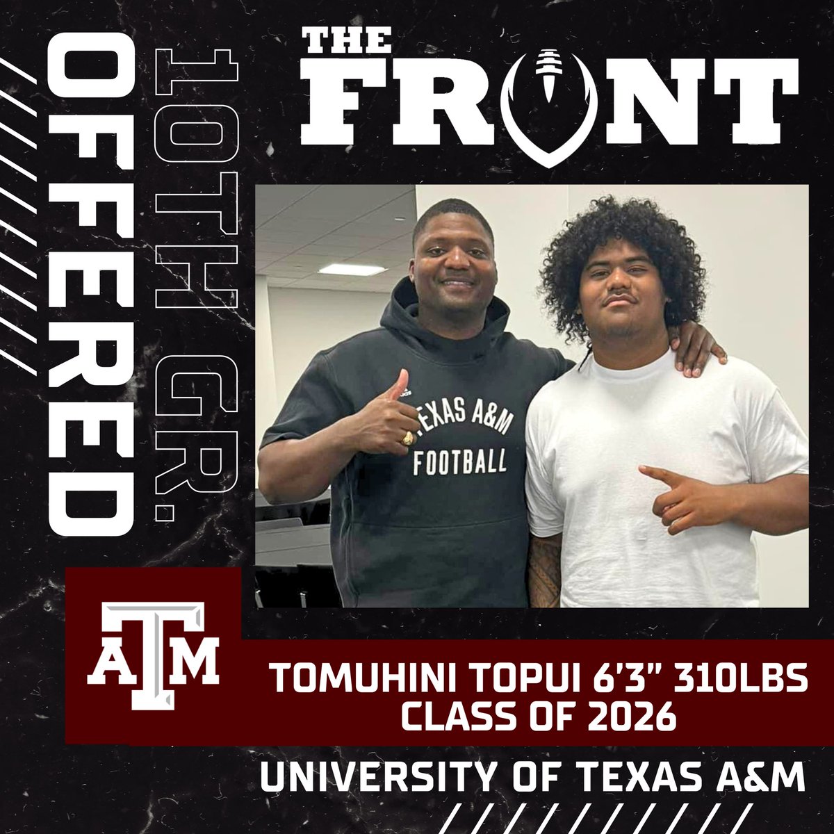 Another offer for one of THE•FRONT top national ranked DT TOMUHINI TOMTOM TUPOU. Offers are going to roll off the shelf for the TOP DT in the country. So excited for TomTom and the whole family. @MaxPreps @247Sports @On3sports @Rivals @Zack_Poff_MP @lynden_o @GregBiggins