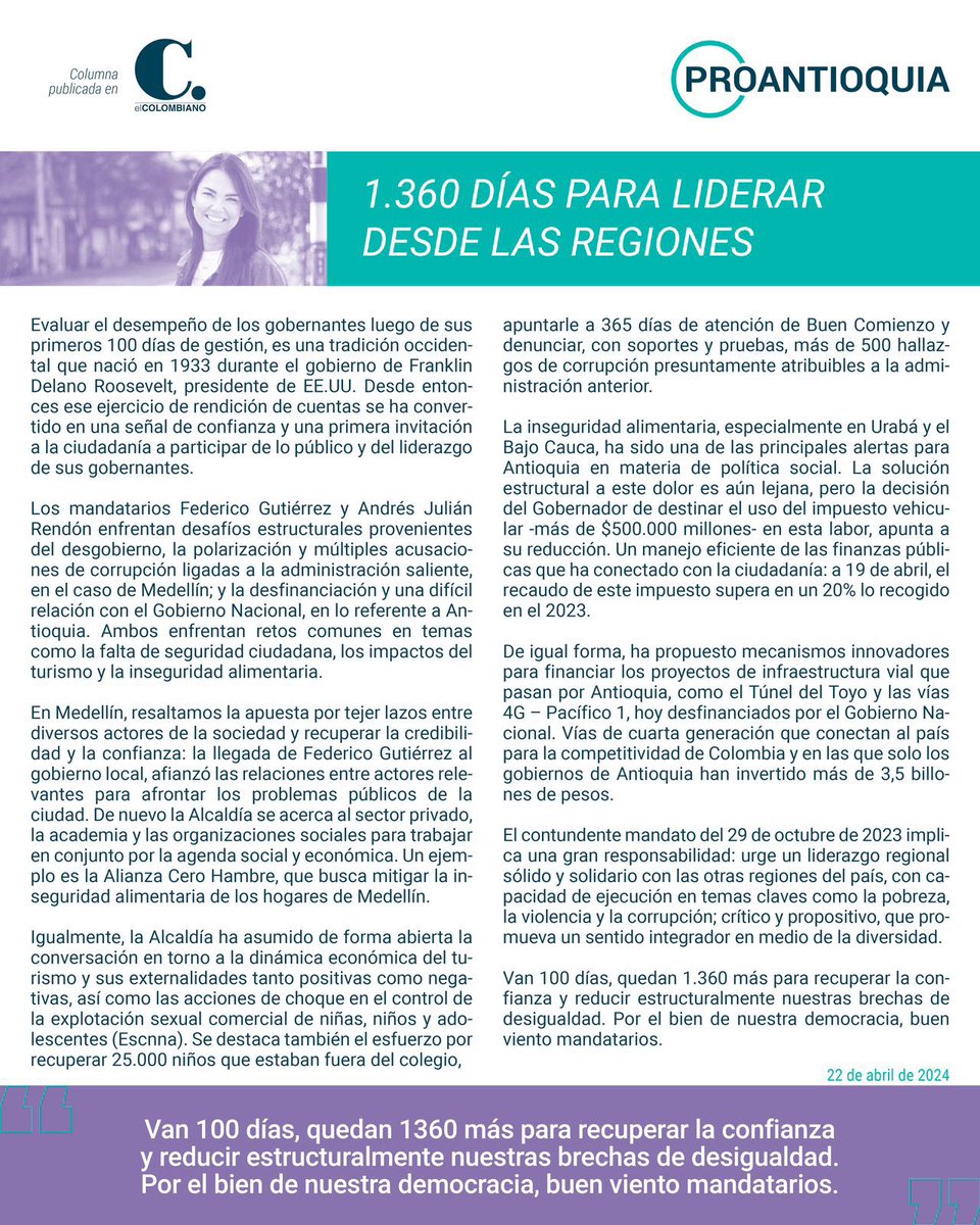 Urge un liderazgo regional sólido y solidario con las otras regiones del país, con capacidad de ejecución en temas claves como la pobreza, la violencia y la corrupción; crítico y propositivo, que promueva un sentido integrador en medio de la diversidad. Buen viento, mandatarios