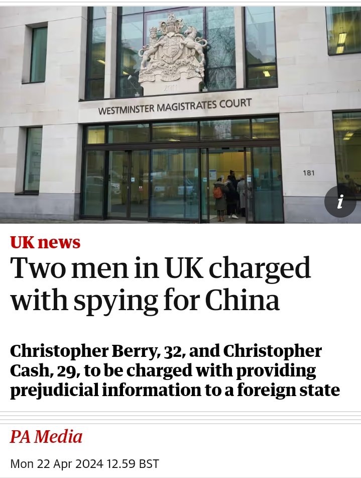 Tory government researcher charged with spying for China (In case you were wondering why Sunak was giving a surprise news conference on Rwanda) theguardian.com/uk-news/2024/a…