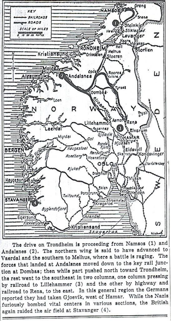 Anglo-French 'Sickleforce' in Norway, landed to north & south of Trondheim to catch Germans in a pincer movement, has ground to a halt- British forced to retreat in south from superior German tanks & air support.