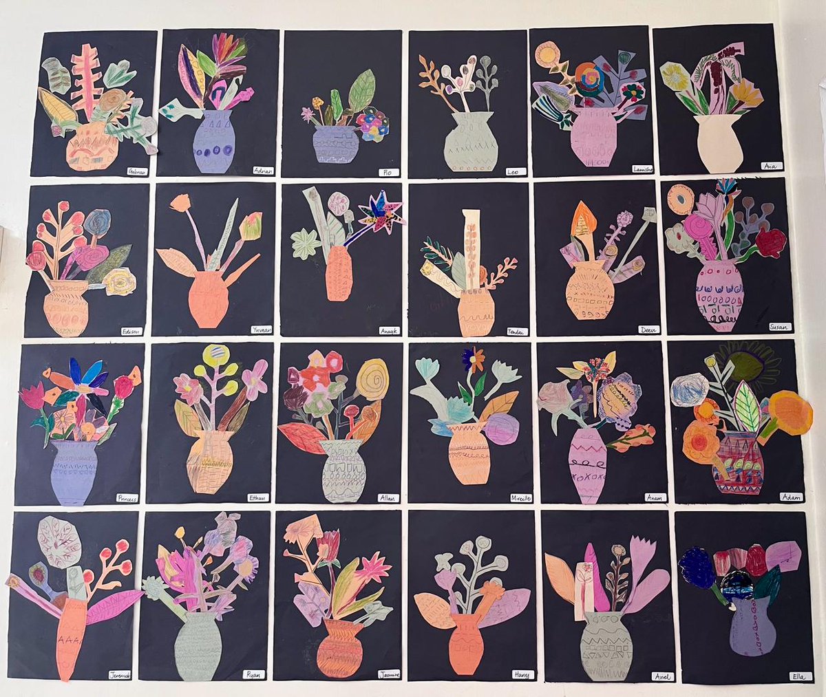 Check out the stunning cut-out flower bouquets created by our year 2s! 🌸✂️ 
From drawing and coloring to adding patterns, they crafted beautiful compositions by cutting and sticking them in a vase. 🎨
#ArtEducation 
#gisonline 
#passioandpride 
#CreativeKids