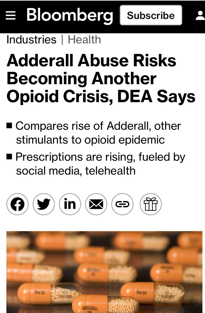 I don't know who needs to hear this but THIS IS NOT A THING. There is no actual evidence to support the idea that people with ADHD — real people! Like me! — are getting addicted to Adderall and abusing it to the point of overdose deaths. That's not real! bloomberg.com/news/articles/…