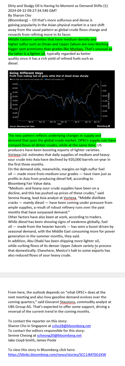Energy_Tidbits's tweet photo. Good reminder #OPEC cuts are first to medium sour crudes, which typically leads to bigger spot premiums &amp; refiner margins for these crudes.

Refiners that run on medium sour need medium sour, not light.

So medium sour crudes like Cdn WCS benefit.

Thx @iamsharoncho 

#OOTT https://t.co/B5KHj5F7Zv