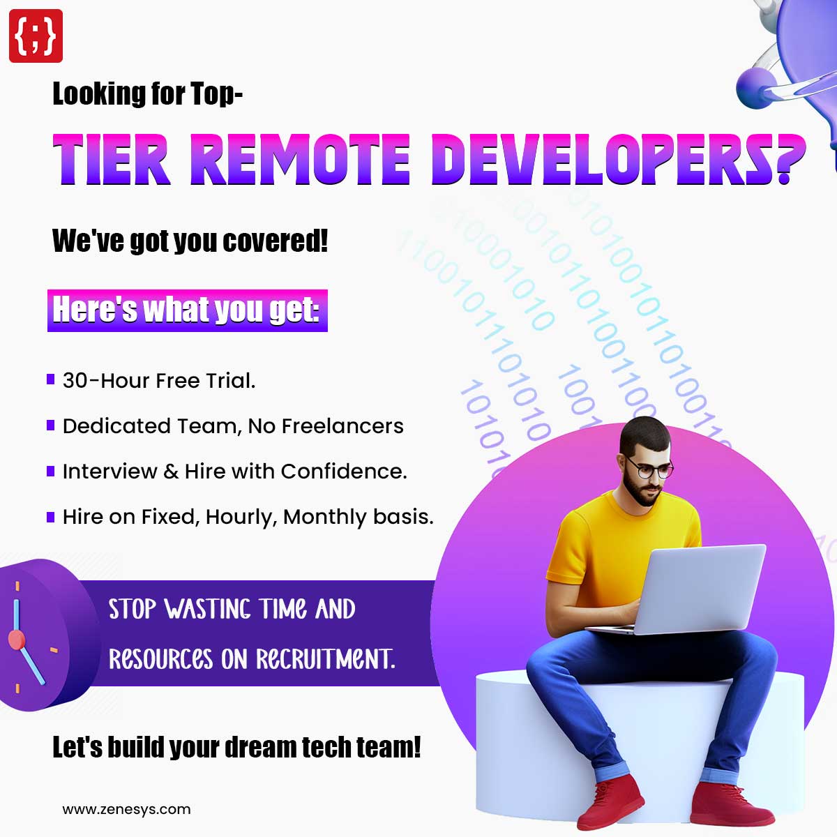 Seeking Top-Tier Remote Developers? Zenesys streamlined process offers a dedicated team, 30-hour free trial, and flexible hiring options. Reduce recruitment time & costs. Let's connect! #remotedevelopers #developers #topdevelopers #webdevelopmnet #Zenesys #remoteteams