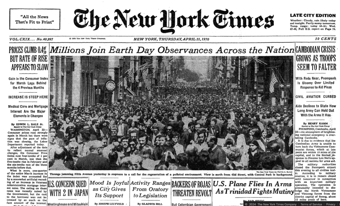 It's Earth Day 2024. Let's flash back to the first Earth Day—April 22, 1970. It was an epic event. Why? The US landscape—sky, water, land—was a mess. It was lethal—breathing was killing people. Earth Day channeled enormous frustration into decades of effective action. 🧵—>