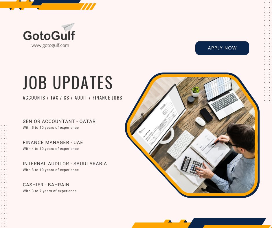 Click on the below link to apply for the job vacancies,
gotogulf.com/PublicSearchVi…

#gotogulf #jobs #middleeast #jobseeker #recruitment #accounts #tax #audit #finance #accountant #manager #cashier #internal #auditor #qatar #saudiarabia #bahrain #uae #unitedarabemirates