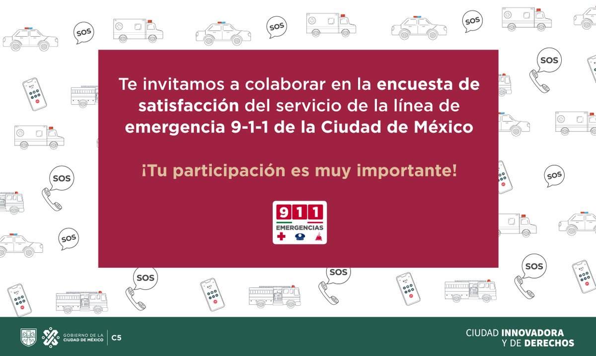 ¿Has utilizado el servicio del #911CDMX? 🚨⚠️ 🗣️  📞  🚓 🚒 🚑   📋 ✅  Te invitamos a participar en la encuesta de satisfacción del servicio de la línea de emergencias 9-1-1 #CDMX     ENTRA A 👉🏻  bit.ly/3zz5jwS ¡Tu participación es muy importante!