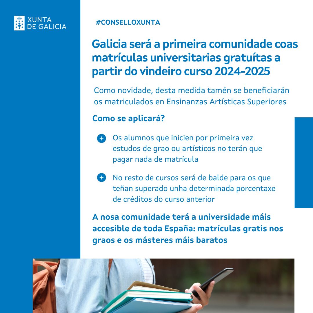Xunta's tweet photo. 🎓 Galicia convértese na única comunidade onde é posible obter unha titulación de grao universitario totalmente gratis

#ConselloXunta https://t.co/Tn11Km2xG7