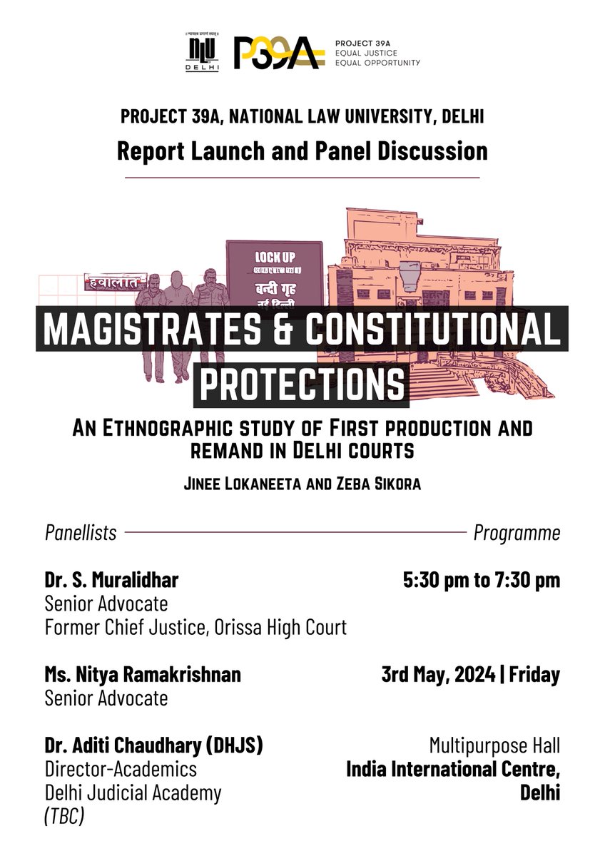 sqcircleclinic's tweet photo. 📢 Join us for the launch event &amp; panel discussion for our new report 'Magistrates &amp; Constitutional Protections: An Ethnographic Study of First Production &amp; Remand in Delhi Courts'.

📅 Friday, 3 May 2024, 5:30pm
📍 Multipurpose Hall, India International Centre, New Delhi https://t.co/fSCxZ6I8nN