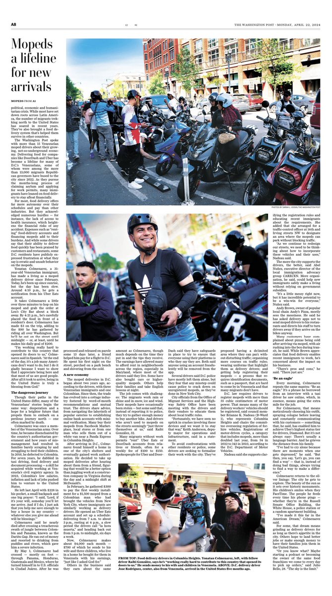 marialuisapaulr's tweet photo. In today’s @washingtonpost: how Venezuelan immigrants are transforming the capital’s food delivery scene — one moped at a time. These are their stories, from surviving a treacherous journey to the U.S. to pushing through rain or shine, language barriers and everything in between. https://t.co/UfNCfAlvTp