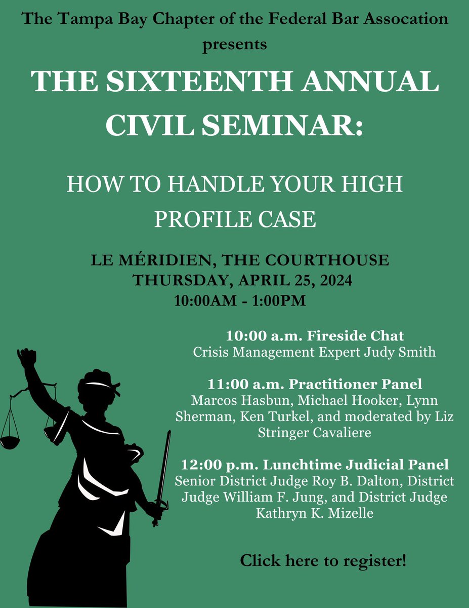 Tomorrow is the last chance to register; space is limited!

On this upcoming Thursday, April 25, 2024 from 10:00 a.m. – 1:00 p.m., the Chapter will host its Sixteenth Annual Civil Seminar, at Le Méridian Tampa, The Courthouse.