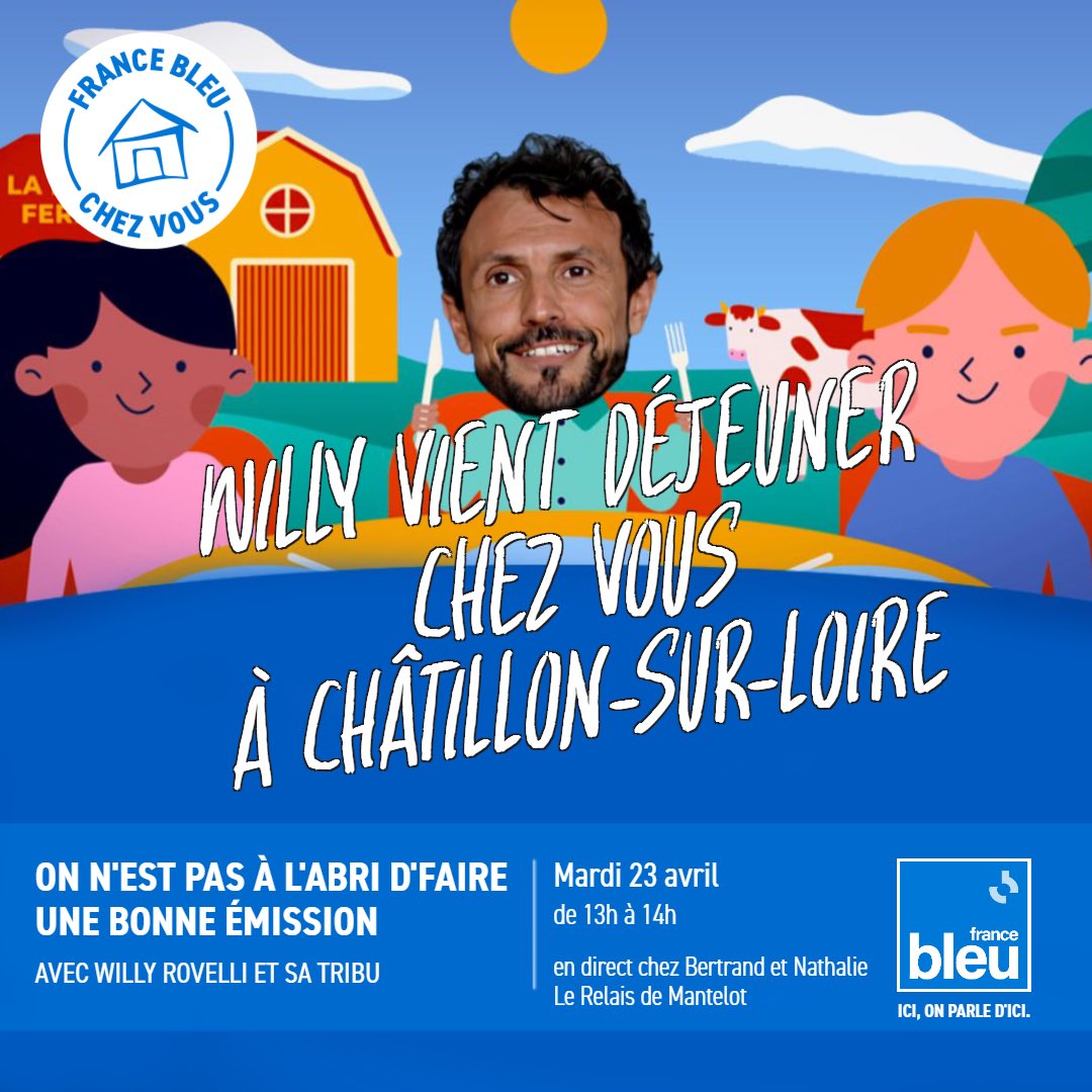 🔵 @Willy_Rovelli et et sa tribu @Fabien_Emo et @NMalaboeuf s’invitent à déjeuner ce mardi à 13h en direct de Châtillon-sur-Loire chez Bertrand et Mathilde Au menu la Loire,de la bonne humeur et des surprises #ONPA !!