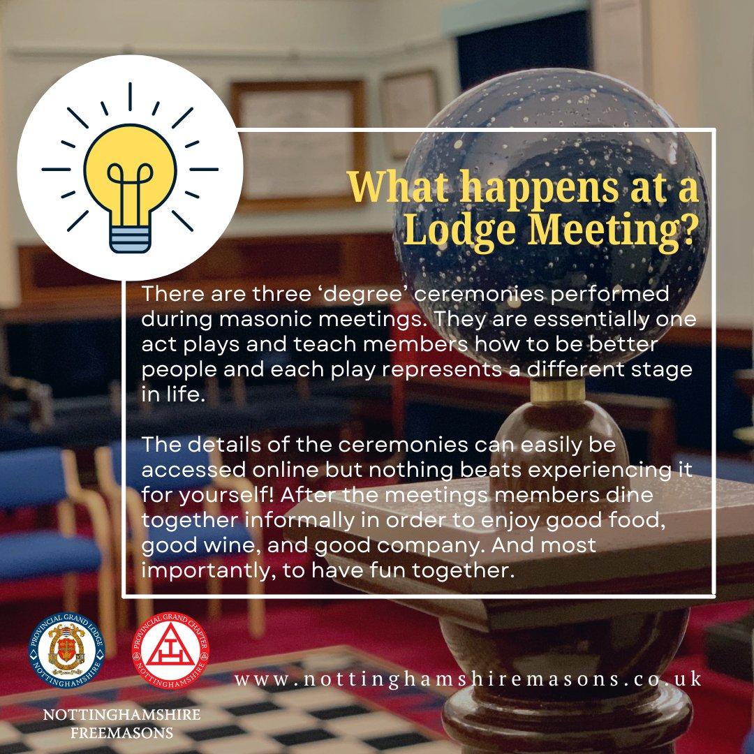 There are three ‘degree’ ceremonies performed during masonic meetings. They are essentially one act plays and teach members how to be better people and each play represents a different stage in life. Learn More and Join Us nottinghamshiremasons.co.uk/becoming-a-fre… #Freemasons