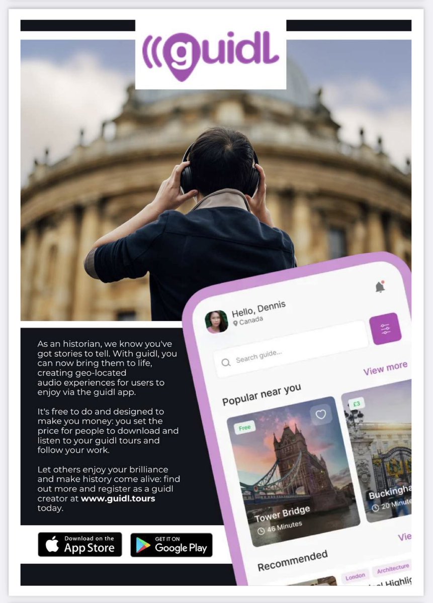 Lovely to see the ⁦@guidltours⁩ advert in this month’s fantastic ⁦@AspectsHistory⁩ magazine. Try the guidl app by downloading it today. Play with it and upload your own guidls, for free!