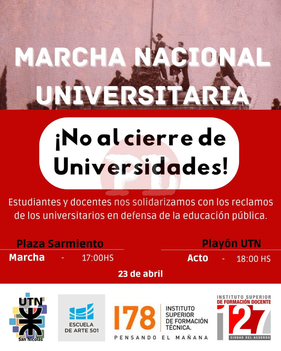 🔴 En #SanNicolás también habrá una marcha en defensa de la universidad publica.

📍En la ciudad, distintos centros de estudiantes, convocan a concentrarse a las 17 horas en la plaza Sarmiento para marchar hacia la UTN.

prensalibresn.com/noticias/en-sa…
#MarchaUniversitaria #PrensaLibreSN