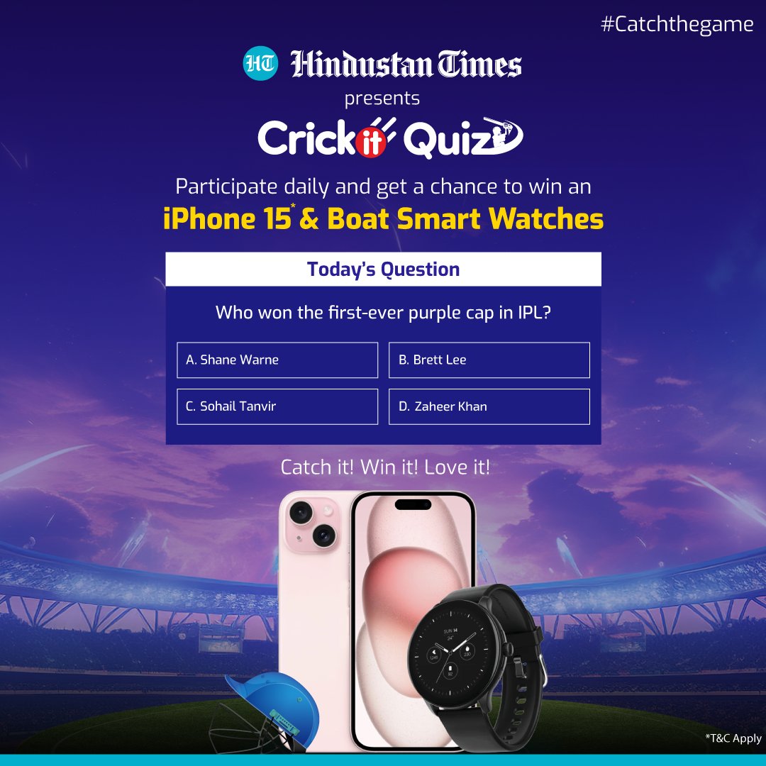 htTweets's tweet photo. Celebrate the spirit of IPL with HT and win BIG!

Answer a simple trivia question and score a chance to win a Boat SmartWatch. Participate daily to win the GRAND PRIZE - iPhone 15

Click here to participate - https://t.co/aH1jkvbC0l

#HindustanTimes #CricketwithHT #IPL #Cricket #Quiz #iphone
