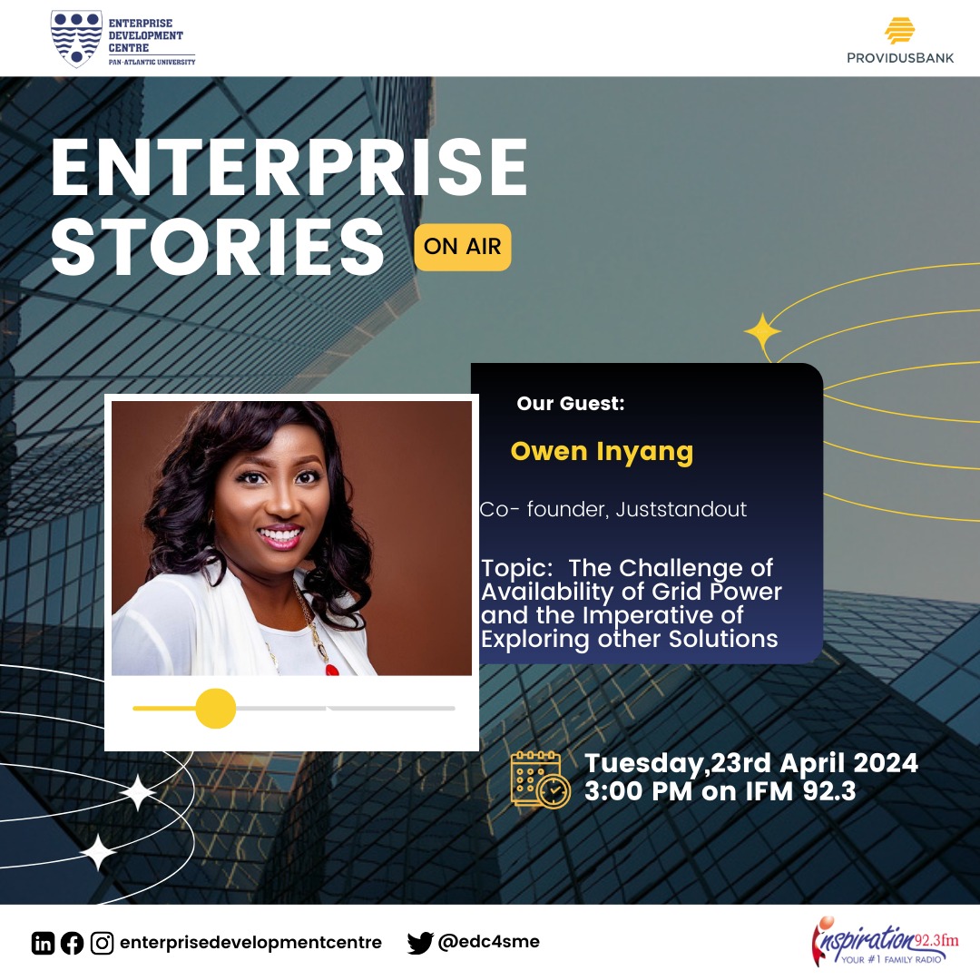 Enterprise Stories with Owen Inyang (Co-founder, Juststandout) on April 23, 2024, at 3:00 pm on Inspiration FM 92.3. Topic: 'Challenge of Grid Power Availability and Exploring Solutions.' Tune in or visit ifm923.com at 3 pm for valuable insights. #enterprisestories