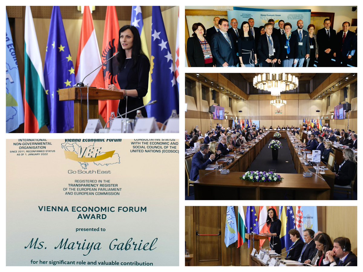 Vienna Economic Forum in Sofia today! 📌Dialogue,cooperation,partnerships 📌Support for 🇺🇦 and for 🇪🇺 integration of Western Balkans 📌Connectivity is key 📌Investments in education and innovation Thank you for the Award for my contribution to the regional cooperation! #VEF