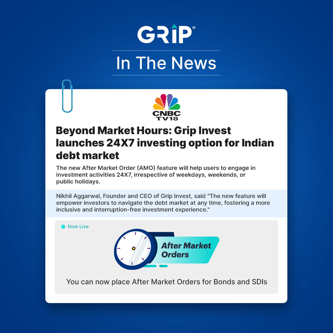 Grip Invest's After Market Order (AMO) feature was recently covered by CNBC TV18 after its successful launch on 31st Jan 2024. 

This feature registered 1,000+ investments, with 50% of new investors and 33% of existing users

#GripInvest #AMOFeature