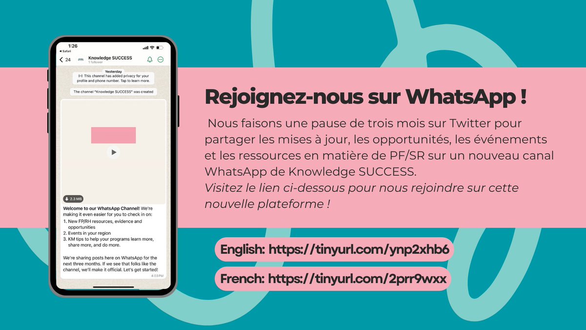 Pour cette journée de la Terre, nous annonçons! Nous quittons Twitter 3 mois pour des mises à jour exclusives sur la PF/SR, opportunités, événements & ressources sur notre nouveau canal WhatsApp Knowledge SUCCESS! Rejoignez-nous pour les dernières infos : tinyurl.com/2prr9wxx