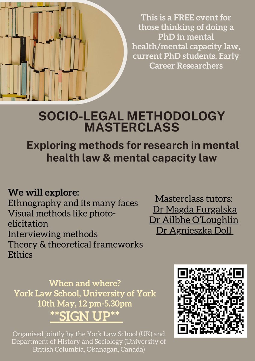 MagdaFurgalska's tweet photo. Just a reminder to register for our FREE masterclass ⬇️ Are you an undergraduate student thinking of doing a PhD in mental capacity/mental health/health law? A postgraduate student thinking of doing a PhD? A current PhD student wanting to learn more about these methods? Join us! https://t.co/67jZ8MOYdE