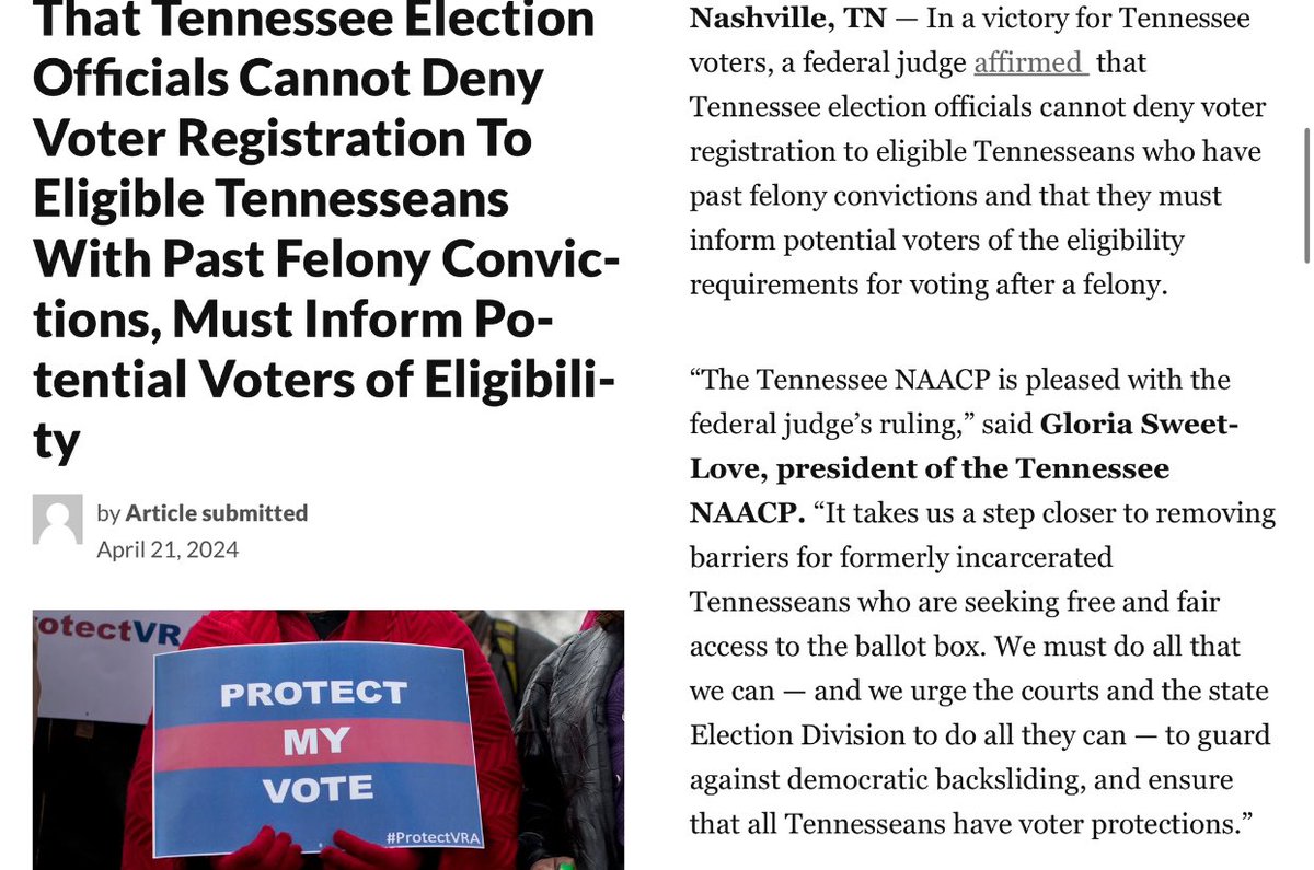 FEDERAL JUDGE: “TN election officials cannot deny voter registration to eligible Tennesseans with past felony convictions, must inform voters of eligibility requirements after a felony…” TN disenfranchises over 20% of Black citizens, highest rate in 🇺🇸 tntribune.com/federal-court-…