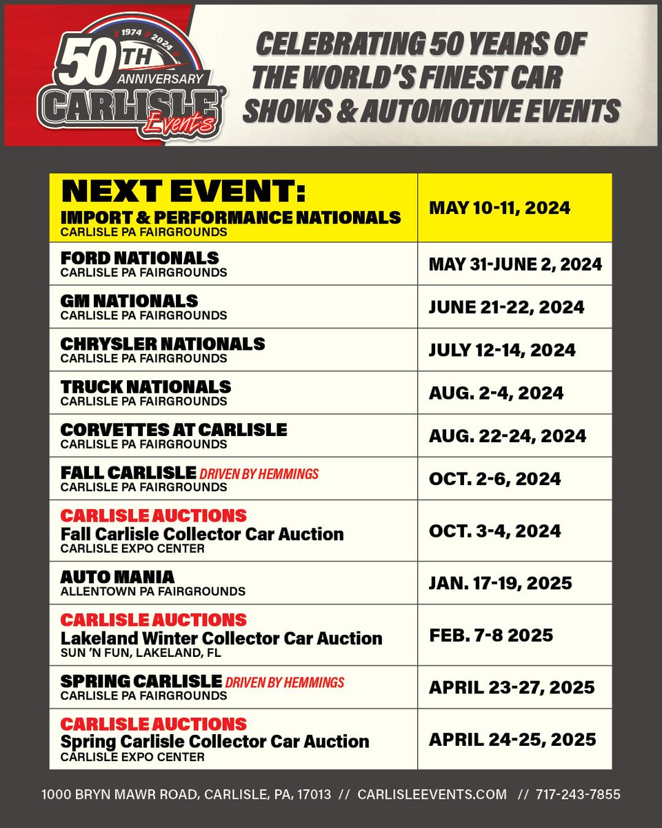 Next up on the Carlisle Events' schedule is the Carlisle Import & Performance Nationals! Come out to the Carlisle PA Fairgrounds from May 10-11 to experience an international wonderland of vehicles 😍 For more information visit: bit.ly/3VVtQXM 📲