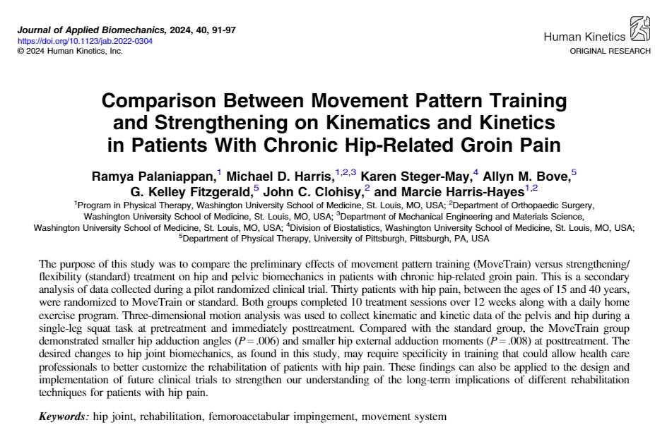 Check out a study from @JApplBiomech! Comparison Between Movement Pattern Training and Strengthening on Kinematics and Kinetics in Patients With Chronic Hip-Related Groin Pain doi.org/10.1123/jab.20… #biomechanics