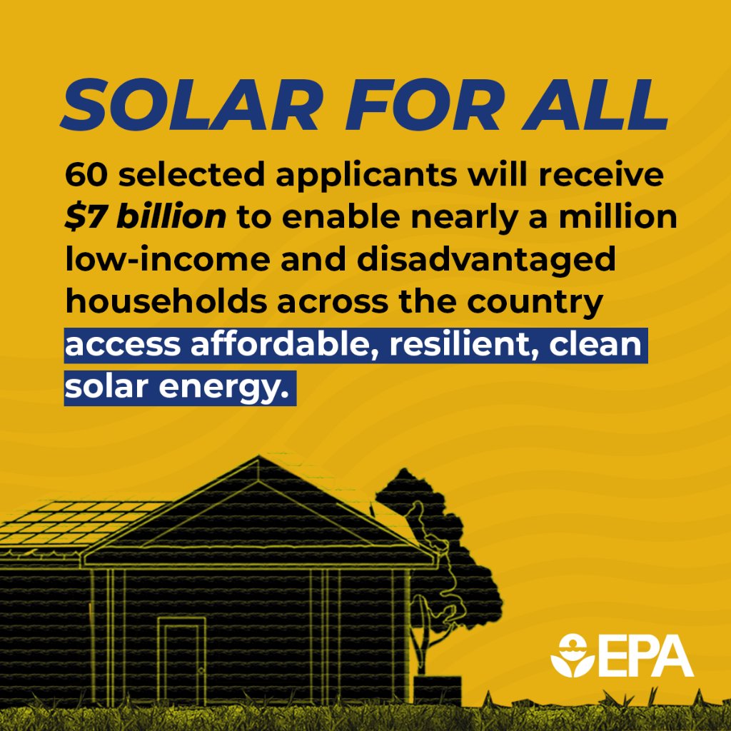 The future is solar-powered and all communities deserve to join! ☀️ EPA’s $7 billion Solar for All grants: 🌎Deliver on environmental justice 💵Save families money 👷🏾️Create good-paying jobs Learn more ⬇️ epa.gov/newsreleases/b… #EarthDay #SolarForAll
