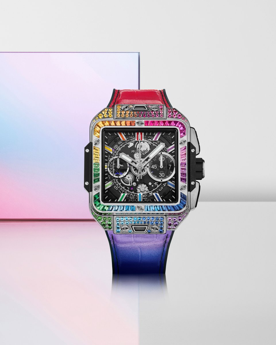 A disruptive and unconventional shape magnified with colored gemstones and its black rubber and multicolored alligator leather strap: the distinctive Square Bang Unico Titanium Rainbow #Hublot bit.ly/49FrQZm