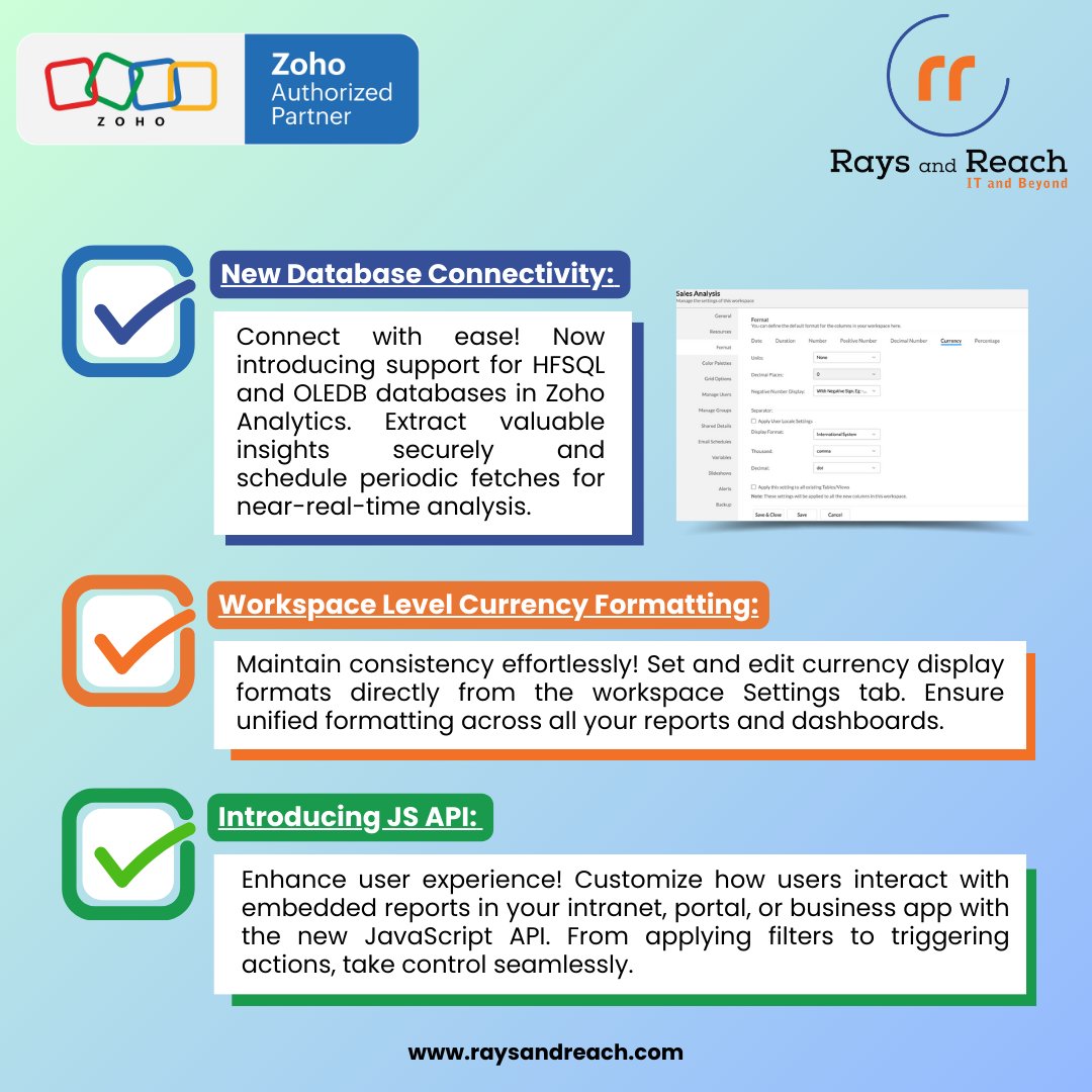 Rays_and_Reach's tweet photo. Elevate your data analysis with the latest updates in @ZohoAnalytics 2024 !
Connect with us at www.raysandreach or drop us an email at contact@raysandreach.com
#ZohoAnalytics #RaysAndReach #ZohoPartner https://t.co/WUpZWwHygp