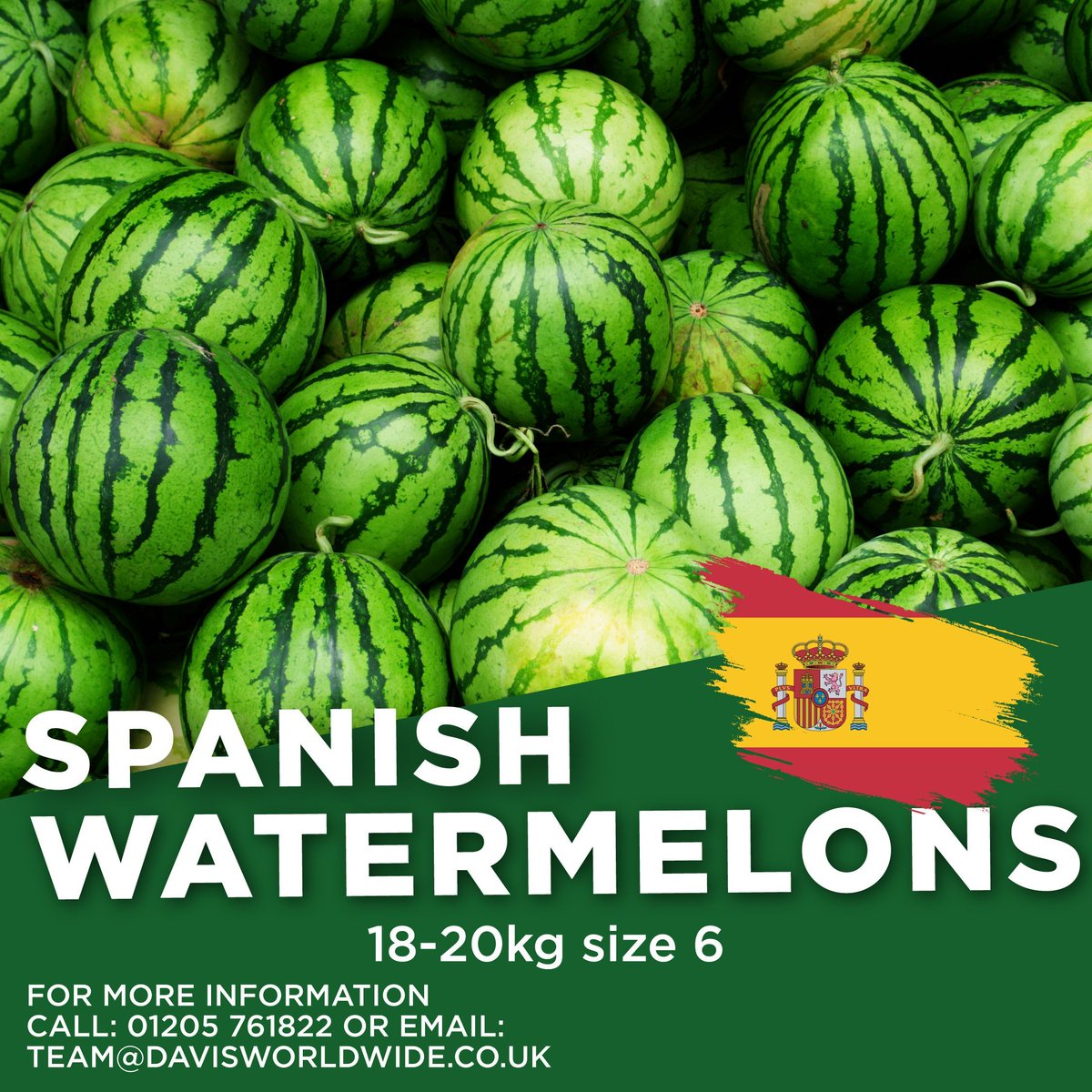 A mouthwatering masterpiece… Our Spanish Watermelons. Discover a juicy delight! 18-20kg size 6

Enquire for further information call 01205 761822 or email team@davisworldwide.co.uk

#SpanishWatermelons #FreshandJuicy #SummerDelight #SeedlessPerfection #TasteofSummer #JuicyMelon