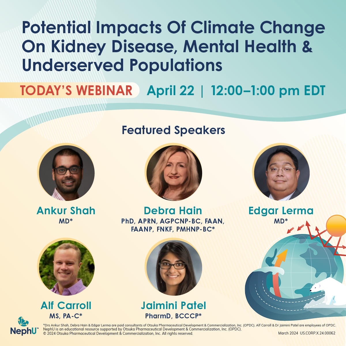 Don't miss out! The 'Potential Impacts of Climate Change On Kidney Disease, Mental Health & Underserved Populations,' webinar is happening today! Register and learn more about this key kidney care topic. go.nephu.org/M5Cn #ClimateChange #NephU #KidneyHealth #mentalhealth