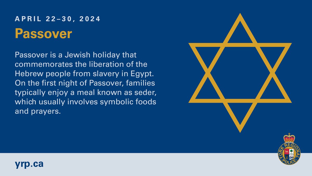 We at @YRP want to wish a #HappyPassover to our Jewish community members celebrating today. We hope you have a happy and peaceful day. #YRP #YorkRegionalPolice #YorkRegion #Passover #ChagSameach