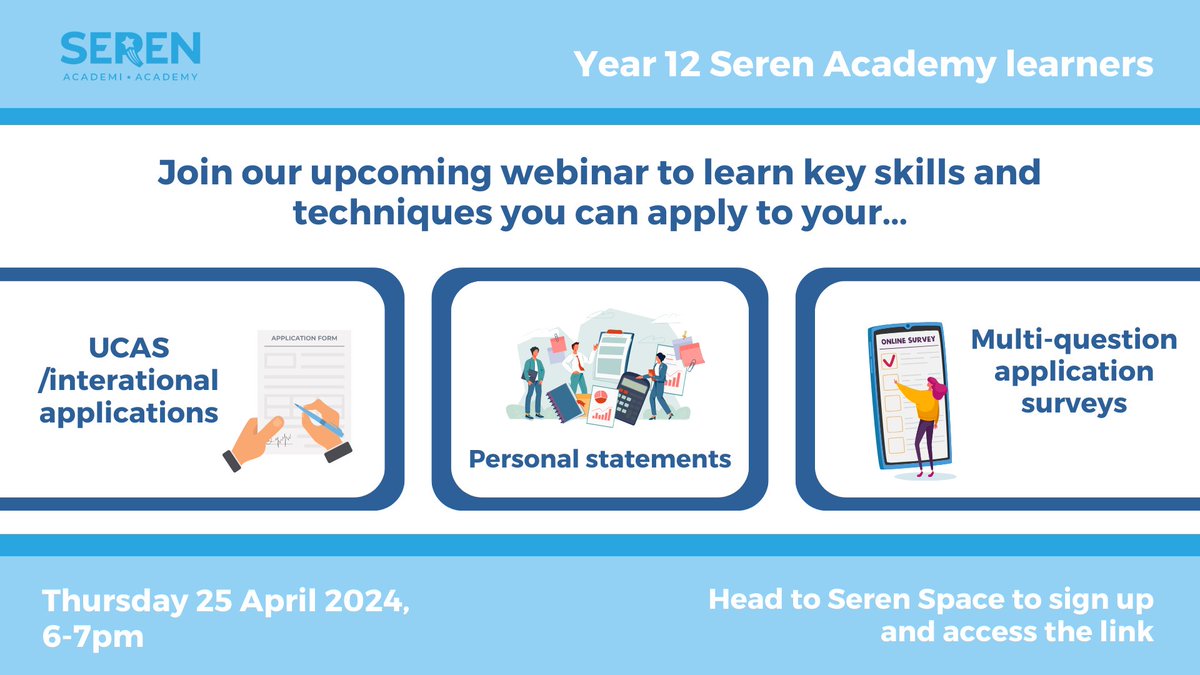 Seren Network (@seren_network) on Twitter photo Year 12 Seren learners ๐ข
Join our upcoming webinar on 25 April to learn a range of new skills and techniques to help with your:
โ๏ธ UCAS/international applications
๐ Personal statements 
โ Multi-question application surveys
Register your interest via Seren Space Year 12 Seren learners ๐ข
Join our upcoming webinar on 25 April to learn a range of new skills and techniques to help with your:
โ๏ธ UCAS/international applications
๐ Personal statements 
โ Multi-question application surveys
Register your interest via Seren Space