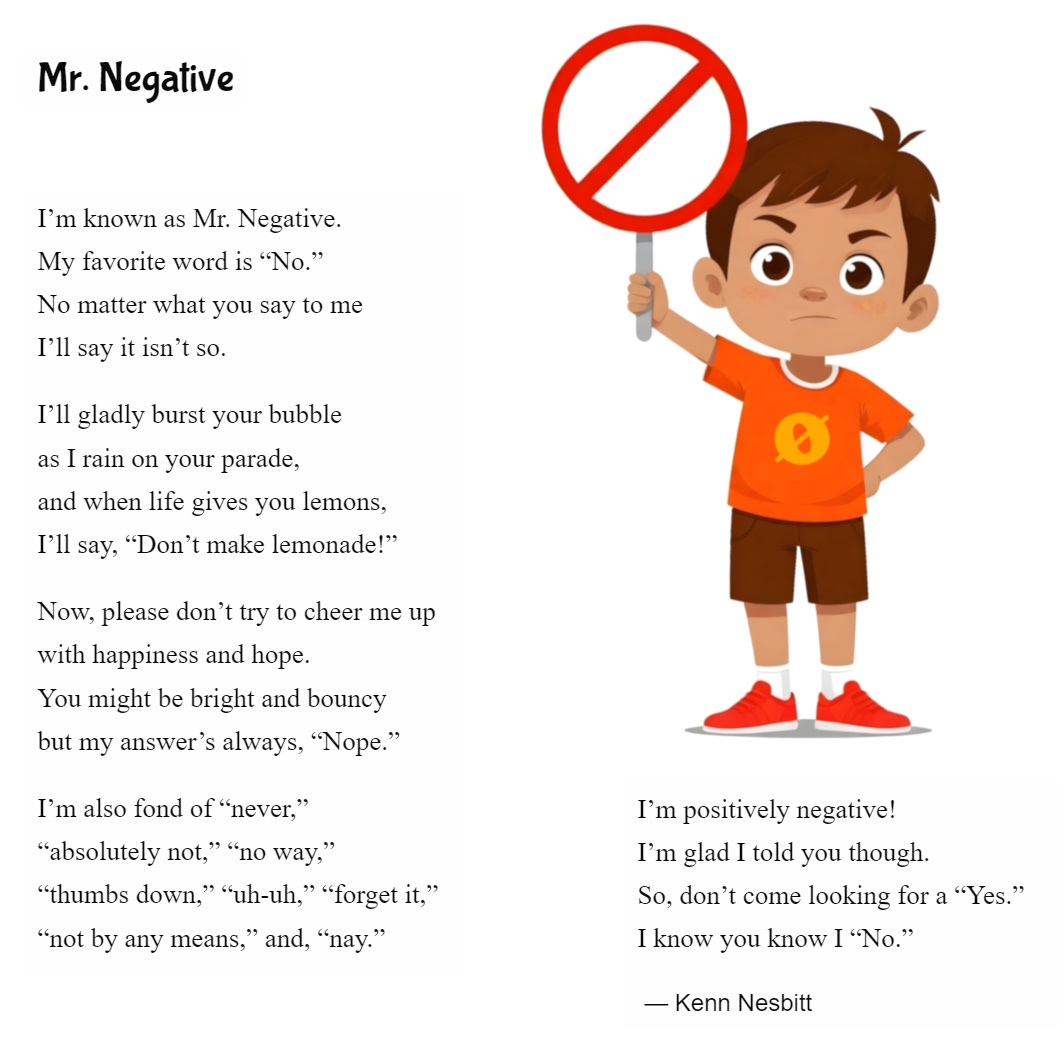 New funny poem for kids: 'Mr. Negative' poetry4kids.com/poems/mr-negat… #optimism #pessimism #negativity #childrenspoetry #poetry4kids