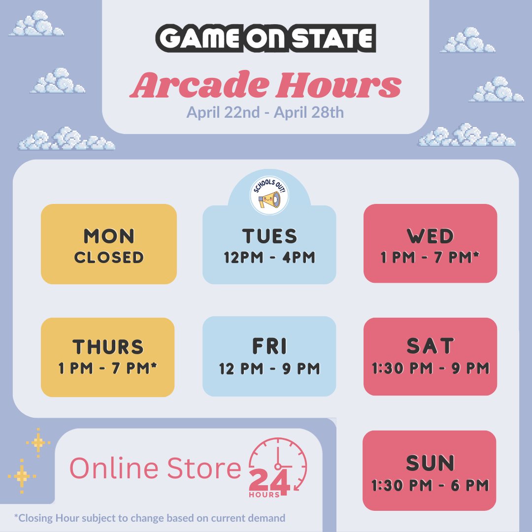Arcade Hours for this week 🥳

We have some extra hours on Tuesday this week so make sure to drop by if you can! 

#Gameonstate #Arcade #ANEWWAY