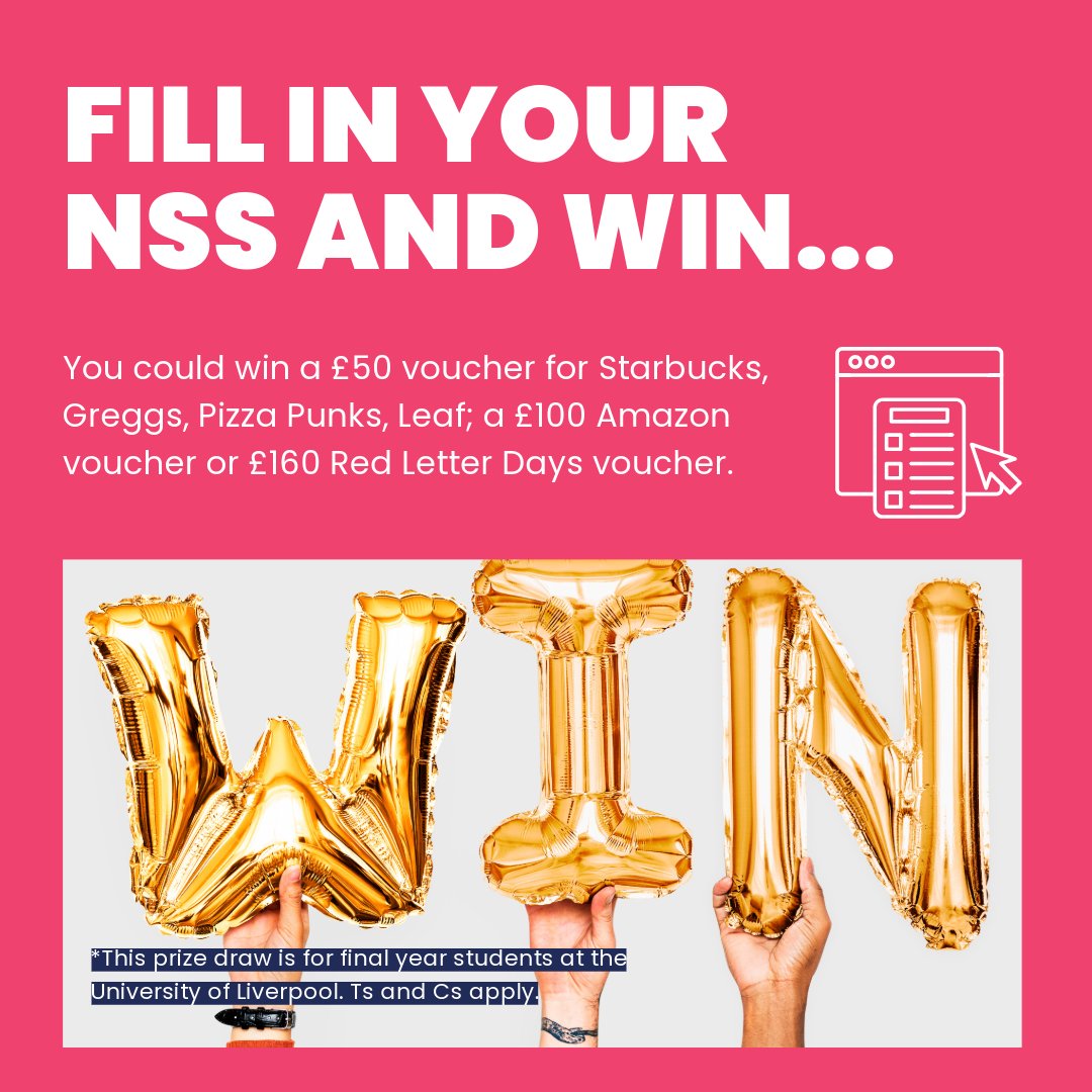 Have you filled in your NSS yet? You could win a £50 voucher for Starbucks, Greggs, Pizza Punks, Leaf; a £100 Amazon voucher or £160 Red Letter Days voucher just for sharing your uni experience.#TeamLivUni #YourViewsYourNSS #NSS2024 Fill the survey in ➡️ brnw.ch/21wJ3aW