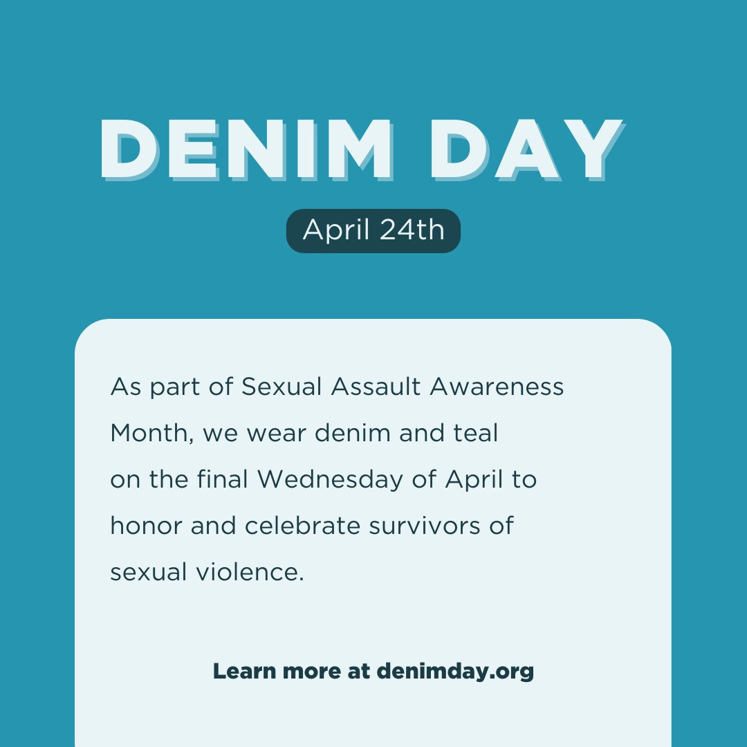 This Wednesday is Denim Day, a day to wear denim and teal to support survivors of sexual assault. We encourage you to visit denimday.org to learn more. #denimday2024
