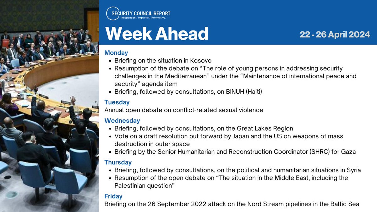 This week at the #UNSC | 📨: bit.ly/3AwYSel 🔷 #Kosovo | bit.ly/447HRWG 🗣️ '#YPS and the #Mediterranean | bit.ly/4aIISqU 🔷 @BINUH_UN 🗣️ #SViC 🔷 #GreatLakes 📝 #WMDs in outer space 🔷 #Gaza 🔷 #Syria 🗣️ #MEPQ: bit.ly/3U6Dp63 🔷 #NordStream