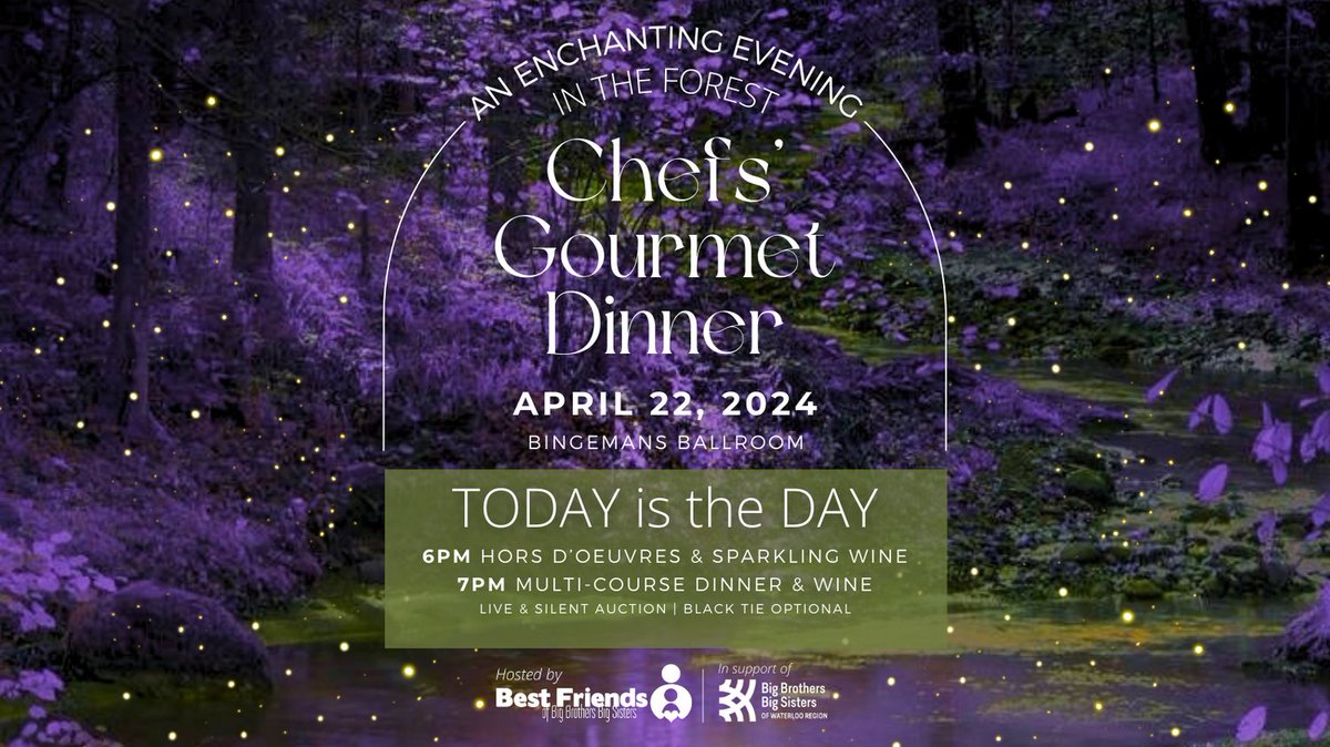 See you at Bingemans @ 6PM. Mentors change lives. Let's make it happen! <a href="/BBBSWR/">BBBS Waterloo Region</a>. #BestFriendsGOBIG #BFWRGourmetdinner #kwawesome #fundraising