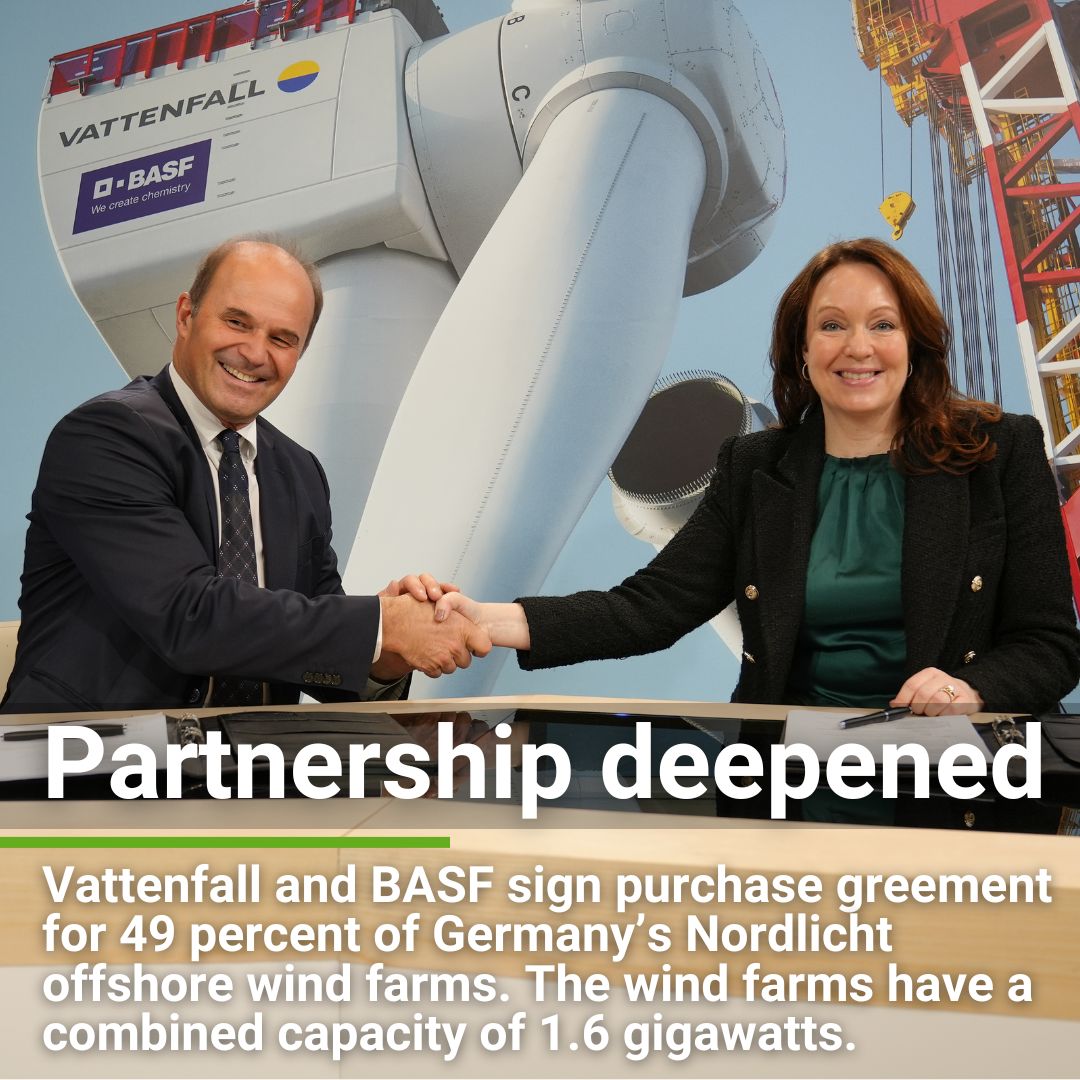BASF has deepened its partnership with vattenfallgroup in the field of renewable energy. Today both companies have agreed on the sale of 49 percent of Vattenfall’s Nordlicht 1 and 2 wind farms to BASF. More: basf.pulse.ly/eex6lnb6ng #NetZero2050 #Windenergy #Offshorewindfarm