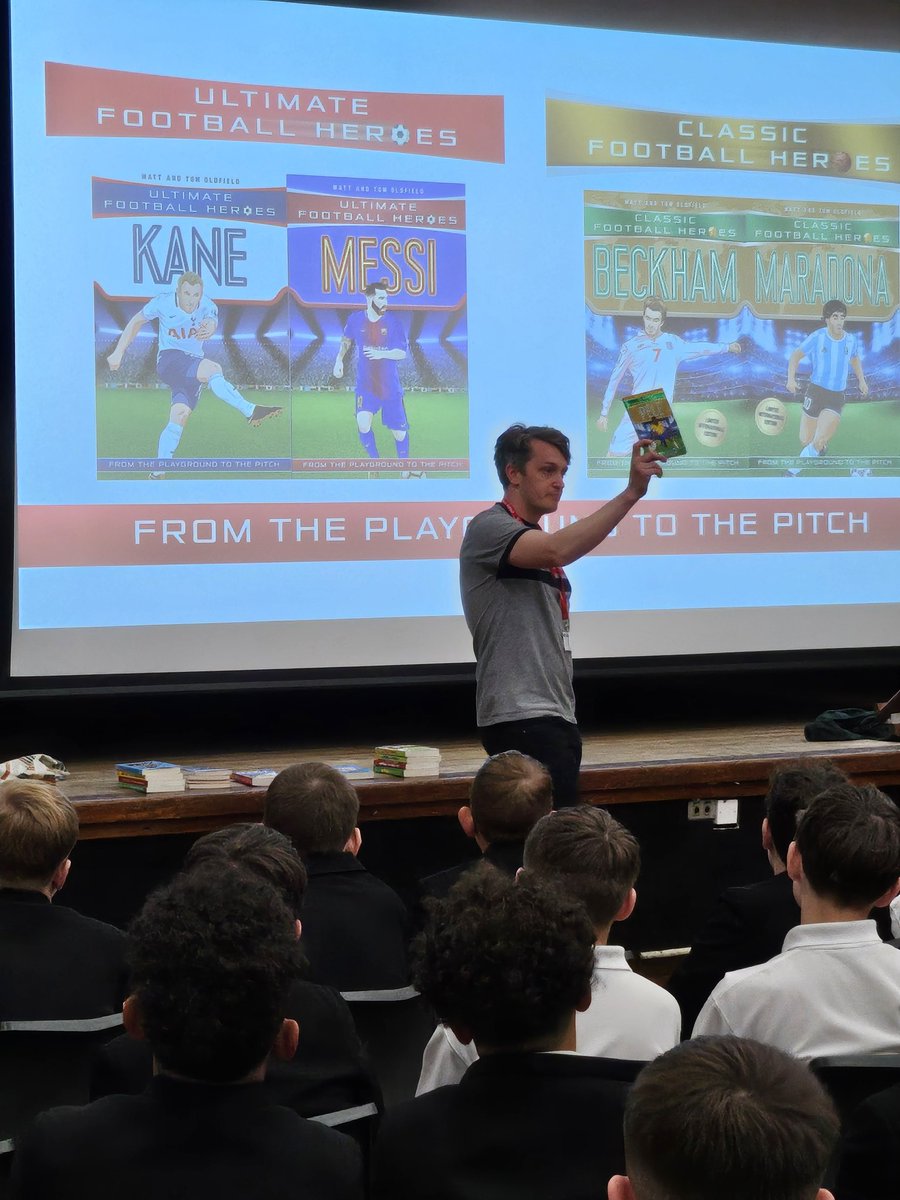 birinus_st's tweet photo. Matt Oldfield writer of 'Playground to the pitch' books, and a bit of a hero at SBS visited and gave a fantastic talk, signed books and ran a writing workshop - he's even more of a hero now!  @footieheroesbks https://t.co/jXQrdQGm5o