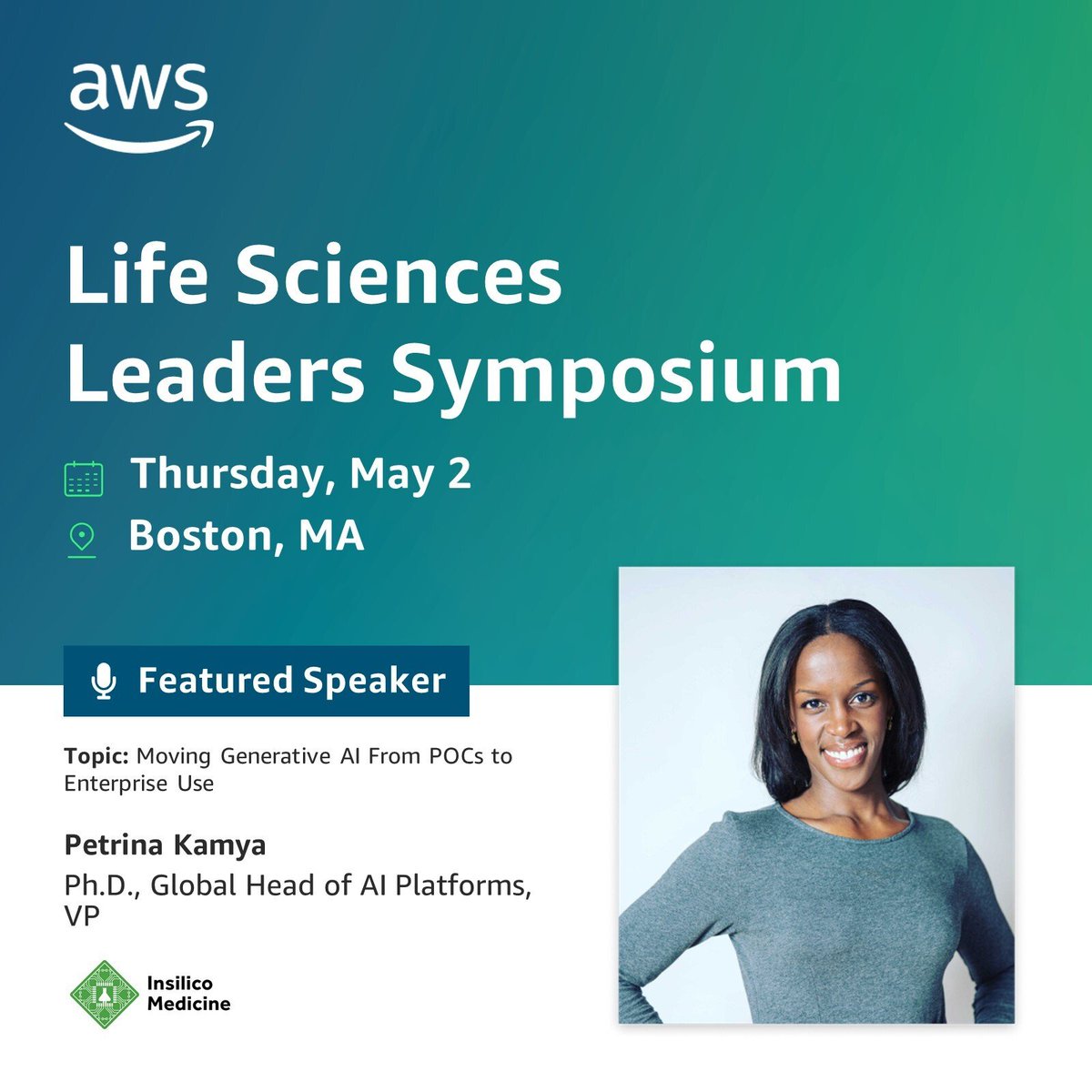 Petrina Kamya, Insilico's Global Head of AI Platforms, speaks on the panel 'Moving Generative AI From POCs to Enterprise Use' at the @awscloud Life Sciences Leaders Symposium in Boston May 2nd, 3-3:30pm alongside panelists from @TakedaINJ & @EPAMSystems. pages.awscloud.com/NAMER-event-T3…