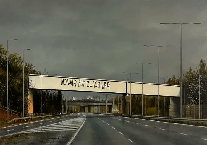 No War But Class War, by @JenOrpinPainter. M60 southbound towards Stockport. #WomensArt #NorthernArt