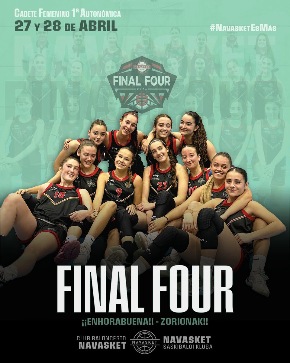 Navasket's tweet photo. 𝓕𝓘𝓝𝓐𝓛 𝓕𝓞𝓤𝓡 ✅

Nuestras chicas 𝐍𝐚𝐯𝐚𝐬𝐤𝐞𝐭 𝐂𝐅’𝐨𝐥𝐝 estarán, por segunda temporada consecutiva, en la #F4CadeteFemNAV.
¡¡ENHORABUENA!! ZORIONAK!!

#NavasketEsMás https://t.co/HQqvV0UKuX