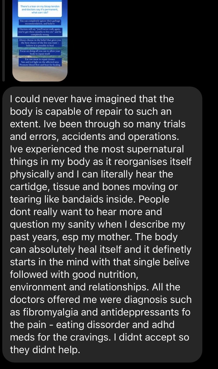 The body can heal from anything. I firmly believe this, given the right environment, nutrients and mental attitudes. This is an example of such, sent from a follower. The body literally reorganizing itself tearing tissues in various ways This is what our medical system denies