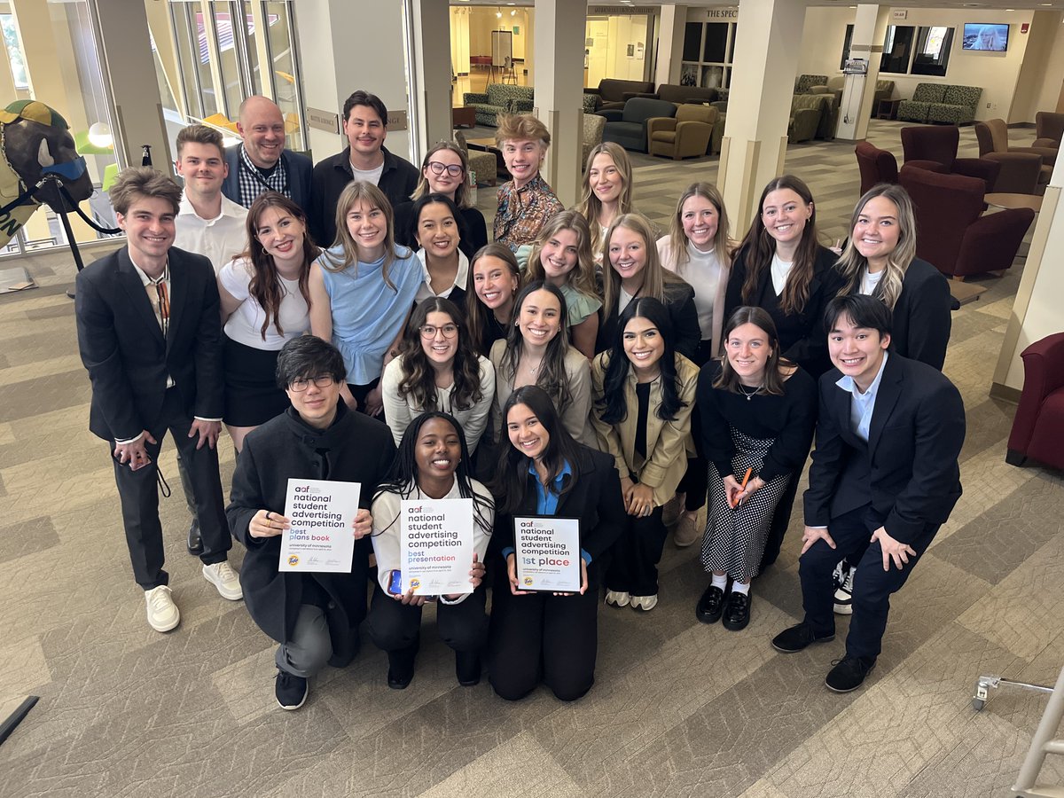 #UMNProud of our National Student Advertising Competition Team! The NSAC team took home FIRST PLACE at the @AAFNational district 8 competition in Fargo this weekend! The team also earned the awards for Best Presentation and Best Book. Well done, team! Off to the semi-finals!